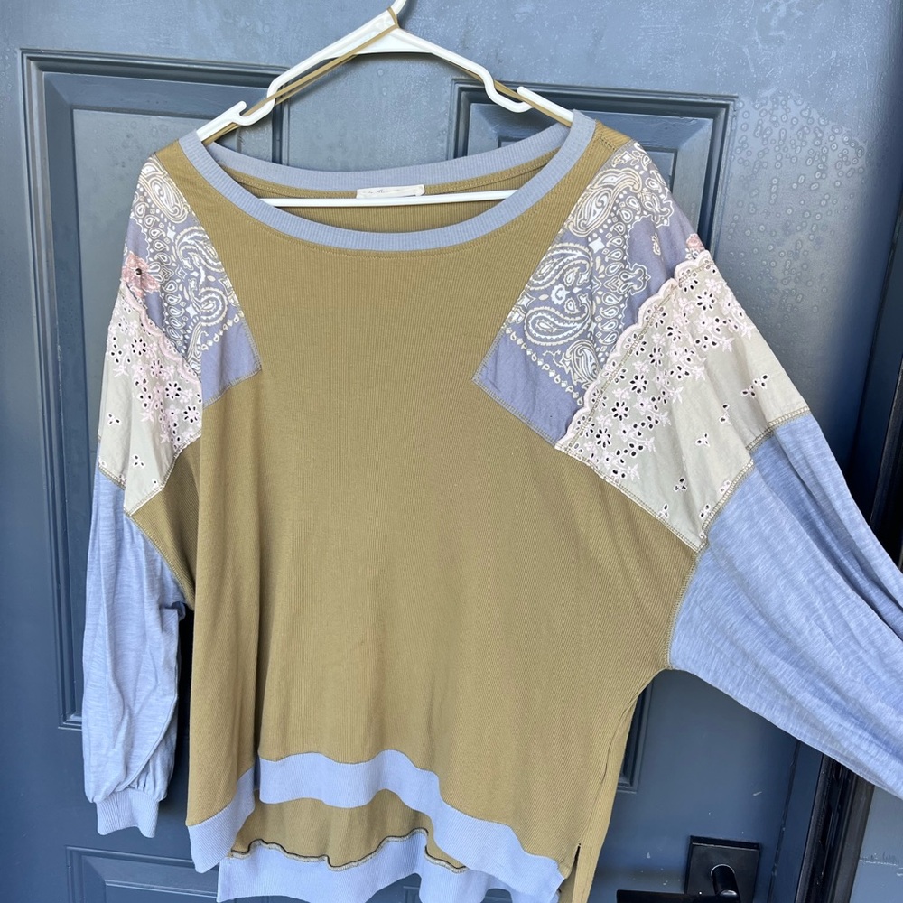 Free People Olive Green & Light Blue Patchwork Long Sleeve Top